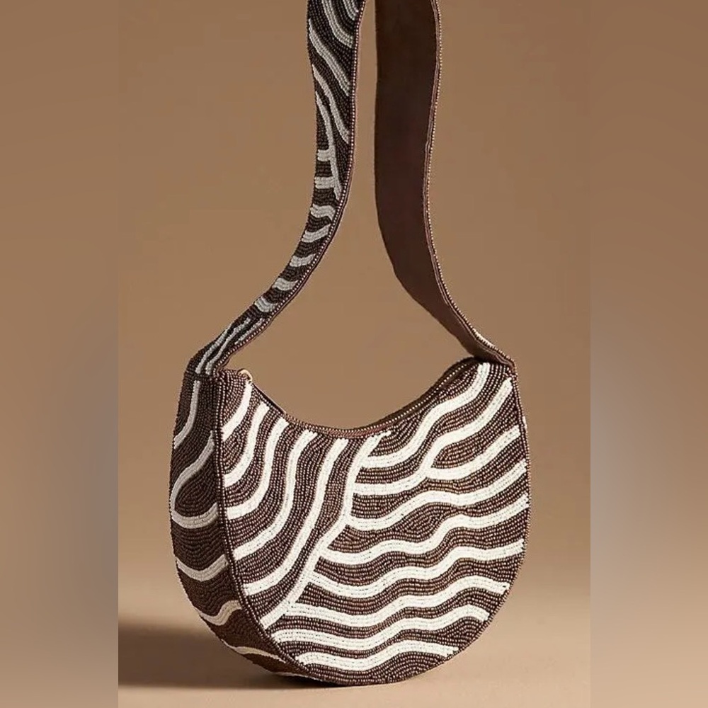 Anthropologie Beaded Striped Print Shoulder Bag Crescent Shaped